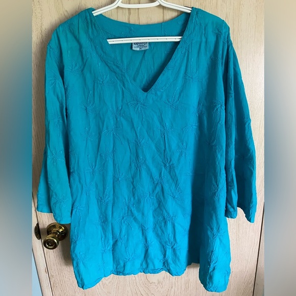 COTTONSEED Casual Wear Starfish Cotton V-Neck Aqua Top Blouse XL - Picture 1 of 6